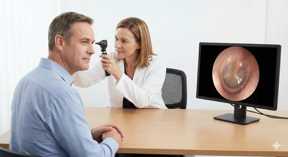 Audiologist conducting hearing assessment with patient at Hearing Care Caloundra